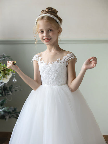 Vestidos de Flor de Tule com Gola Redonda e Apliques e Laço