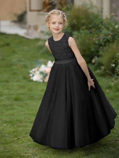 Vestidos de Flor de Tule com Gola Redonda e Apliques e Faixa