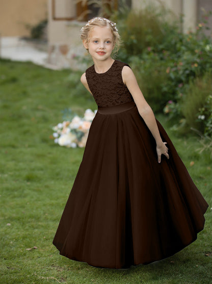 Vestidos de Flor de Tule com Gola Redonda e Apliques e Faixa