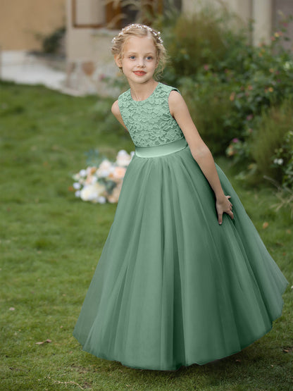 Vestidos de Flor de Tule com Gola Redonda e Apliques e Faixa