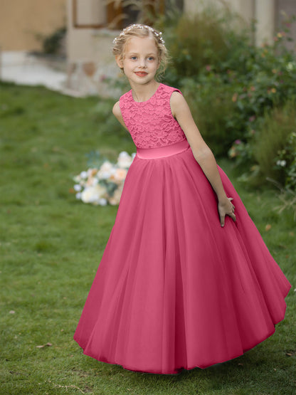 Vestidos de Flor de Tule com Gola Redonda e Apliques e Faixa