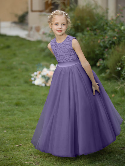 Vestidos de Flor de Tule com Gola Redonda e Apliques e Faixa
