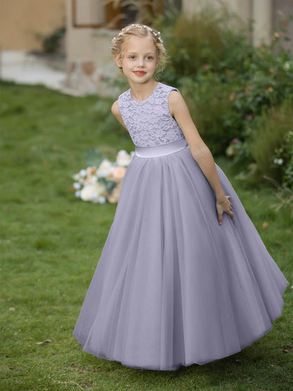 Vestidos de Flor de Tule com Gola Redonda e Apliques e Faixa