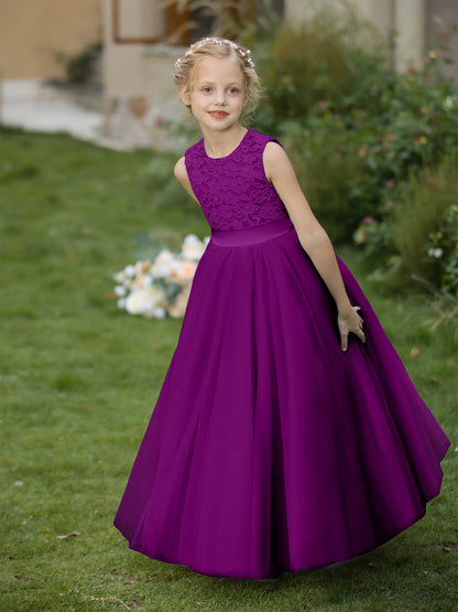 Vestidos de Flor de Tule com Gola Redonda e Apliques e Faixa