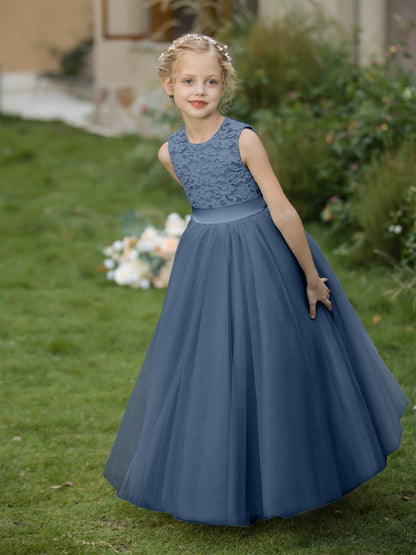 Vestidos de Flor de Tule com Gola Redonda e Apliques e Faixa