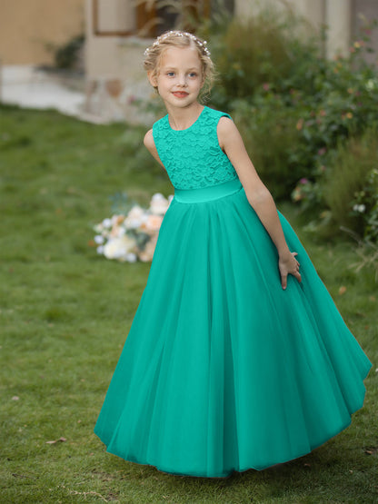Vestidos de Flor de Tule com Gola Redonda e Apliques e Faixa