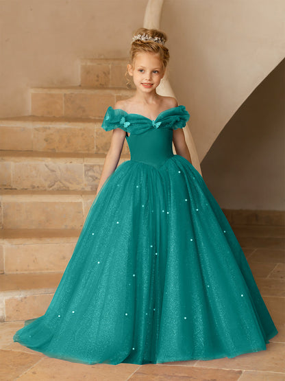 Vestidos Floridos de Tule com Ombros Largos e Pérolas e Borboletas