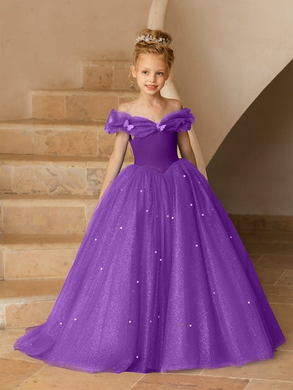 Vestidos Floridos de Tule com Ombros Largos e Pérolas e Borboletas