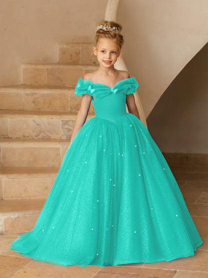 Vestidos Floridos de Tule com Ombros Largos e Pérolas e Borboletas