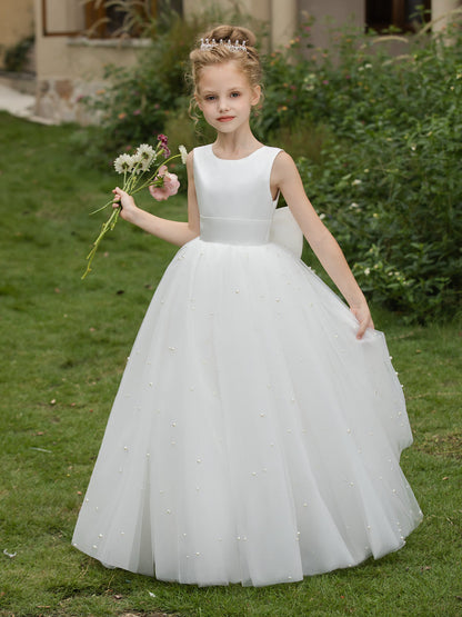 Vestidos Floridos de Tule com Gola Redonda e Pérolas e Laço de Cetim