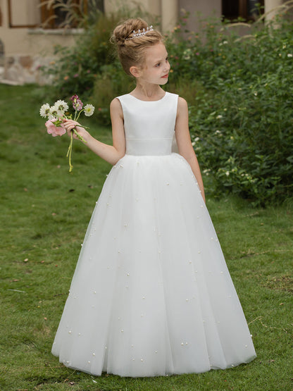 Vestidos Floridos de Tule com Gola Redonda e Pérolas e Laço de Cetim
