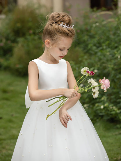 Vestidos Floridos de Tule com Gola Redonda e Pérolas e Laço de Cetim