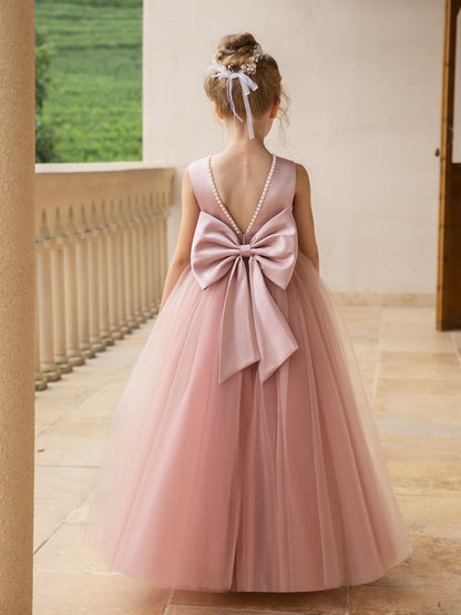 Vestidos Floridos de Tule com Gola Redonda e Pérolas e Laço de Cetim