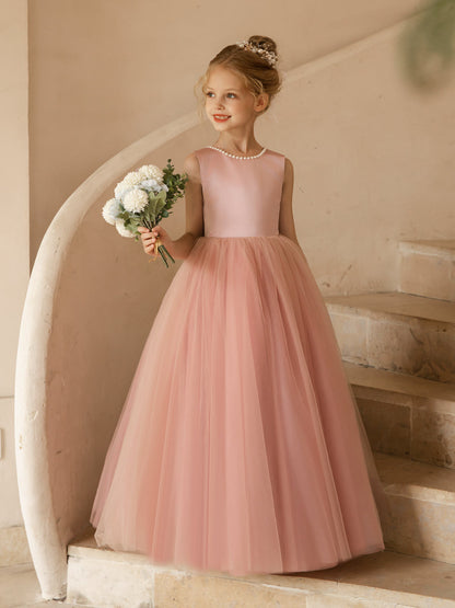 Vestidos Floridos de Tule com Gola Redonda e Pérolas e Laço de Cetim