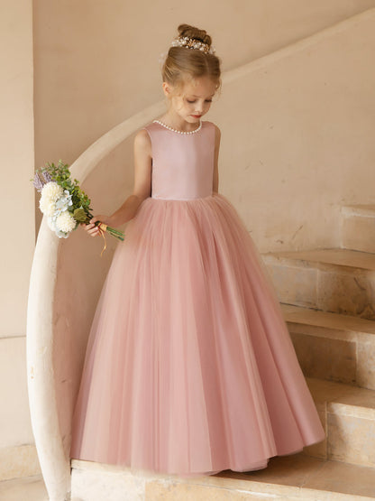 Vestidos Floridos de Tule com Gola Redonda e Pérolas e Laço de Cetim