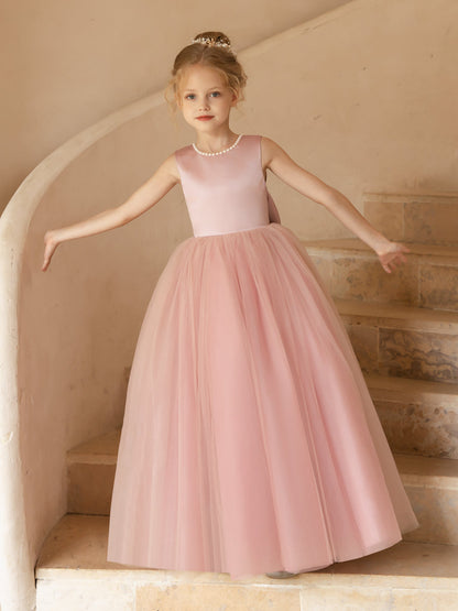 Vestidos Floridos de Tule com Gola Redonda e Pérolas e Laço de Cetim