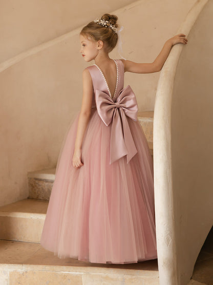 Vestidos Floridos de Tule com Gola Redonda e Pérolas e Laço de Cetim