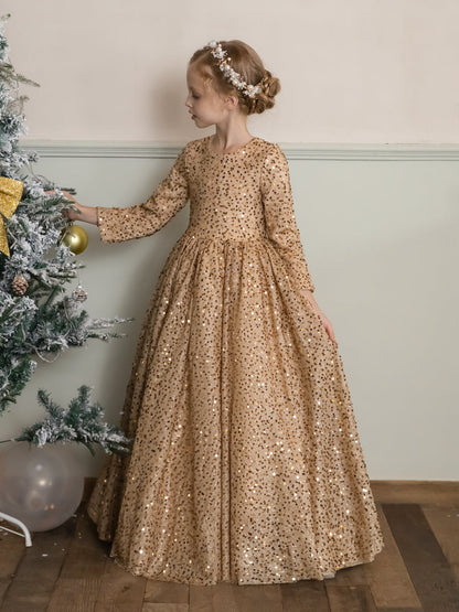 Vestido Feminino de Flores com Gola Redonda e Lantejoulas e Mangas Compridas