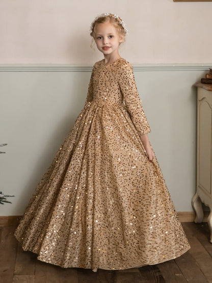 Vestido Feminino de Flores com Gola Redonda e Lantejoulas e Mangas Compridas