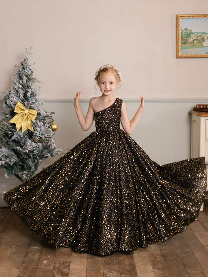 Vestido de Lantejoulas de Veludo com Um Ombro Sem Mangas para Meninas de Flores