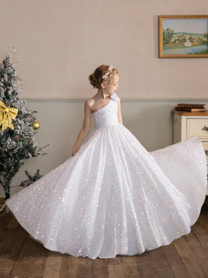 Vestidos de Floristas Sem Mangas com Lantejoulas de Veludo de Um Ombro e Laço