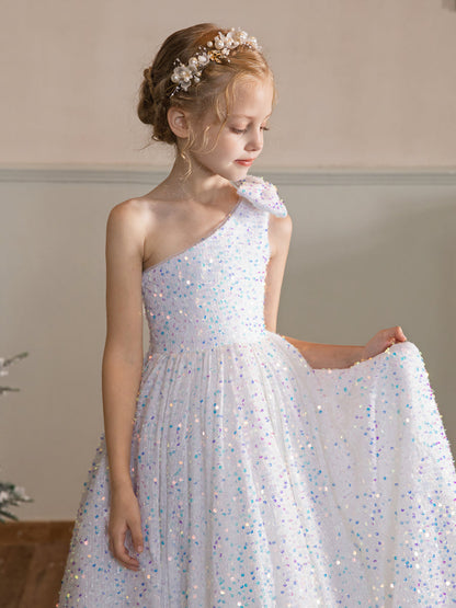 Vestidos de Floristas Sem Mangas com Lantejoulas de Veludo de Um Ombro e Laço