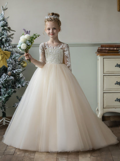Vestidos Floridos de Tule com Gola Redonda e Apliques e Laço de Cetim