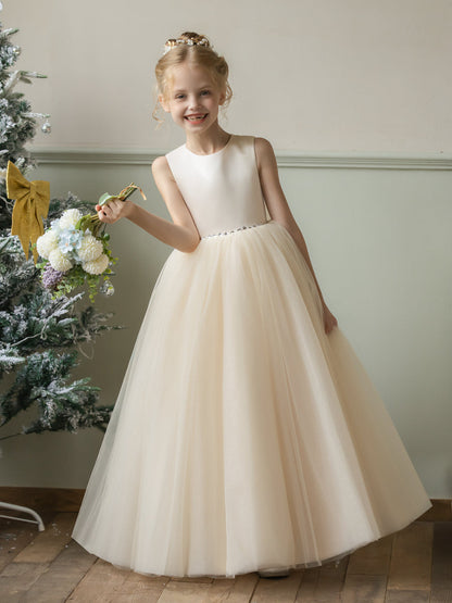 Vestidos Floridos de Tule com Gola Redonda e Strass e Laço