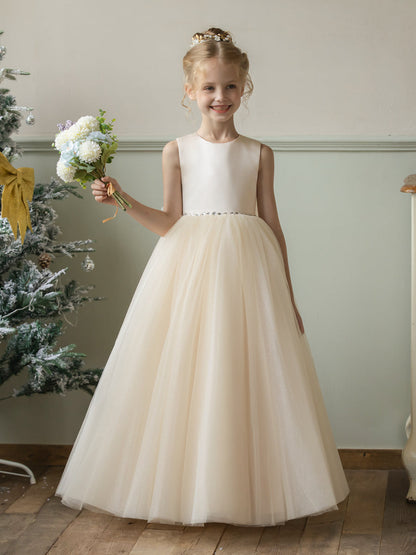 Vestidos Floridos de Tule com Gola Redonda e Strass e Laço