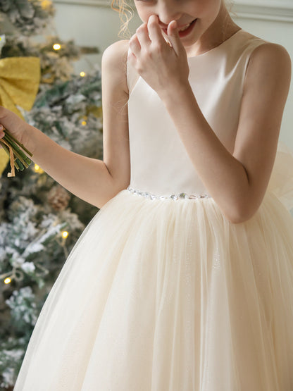 Vestidos Floridos de Tule com Gola Redonda e Strass e Laço