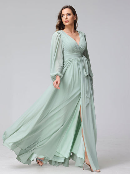 Vestidos Longos de Dama de Honra com Decote Em V e Mangas Compridas Em Chiffon com Babados Laterais Divididas