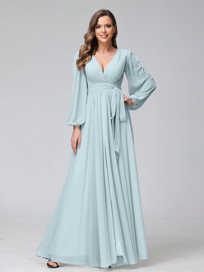 Vestidos Longos de Dama de Honra com Decote Em V e Mangas Compridas Em Chiffon com Babados Laterais Divididas