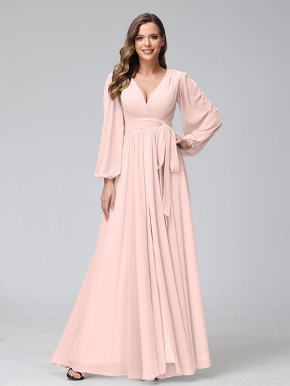 Vestidos Longos de Dama de Honra com Decote Em V e Mangas Compridas Em Chiffon com Babados Laterais Divididas