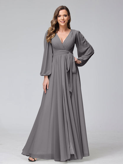Vestidos Longos de Dama de Honra com Decote Em V e Mangas Compridas Em Chiffon com Babados Laterais Divididas