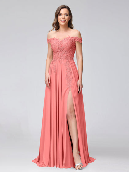Vestidos Longos de Dama de Honra com Apliques de Chiffon Sem Mangas com Ombros de Fora e Fenda Lateral