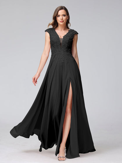 Vestidos Longos de Dama de Honra Em Chiffon Sem Mangas com Decote Em V e Apliques Laterais Divididas