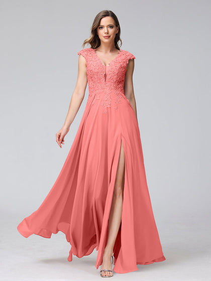Vestidos Longos de Dama de Honra Em Chiffon Sem Mangas com Decote Em V e Apliques Laterais Divididas