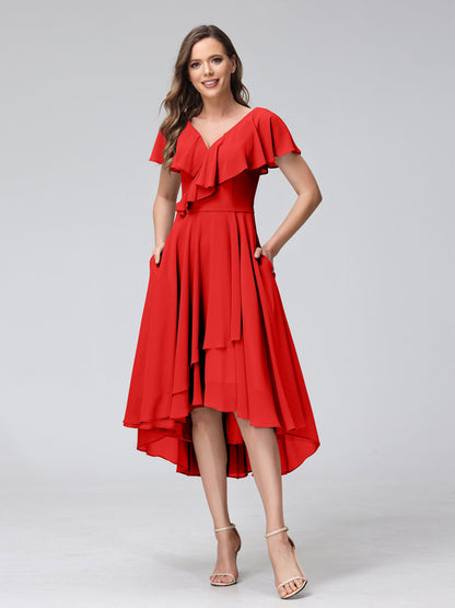 Vestidos de Dama de Honra Assimétricos de Chiffon com Decote Em V e Mangas Curtas com Bolsos