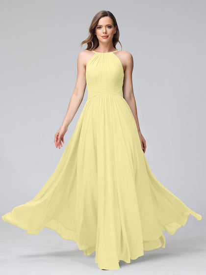Vestidos de Dama de Honra Em Chiffon com Frente Única Evasê Sem Mangas Franzidos Até O Chão
