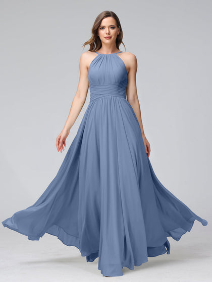 Vestidos de Dama de Honra Em Chiffon com Frente Única Evasê Sem Mangas Franzidos Até O Chão