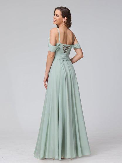 Vestidos de Dama de Honra Em Chiffon com Mangas Curtas e Decote Em V com Alças Finas e Laterais Divididas