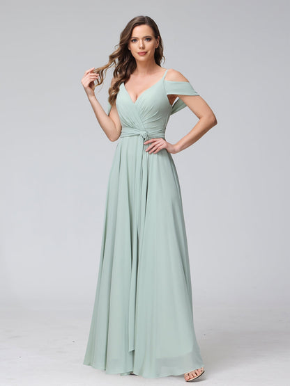 Vestidos de Dama de Honra Em Chiffon com Mangas Curtas e Decote Em V com Alças Finas e Laterais Divididas