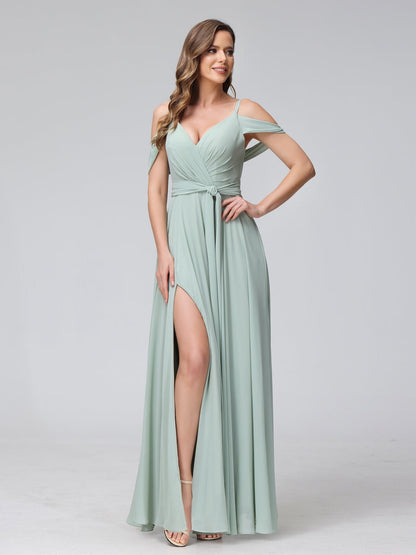 Vestidos de Dama de Honra Em Chiffon com Mangas Curtas e Decote Em V com Alças Finas e Laterais Divididas