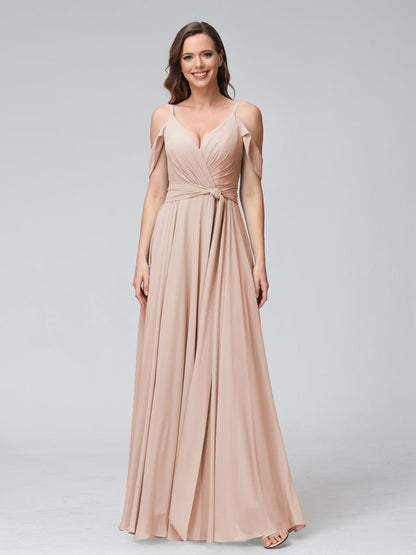Vestidos de Dama de Honra Em Chiffon com Mangas Curtas e Decote Em V com Alças Finas e Laterais Divididas