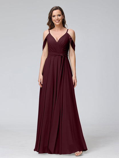 Vestidos de Dama de Honra Em Chiffon com Mangas Curtas e Decote Em V com Alças Finas e Laterais Divididas