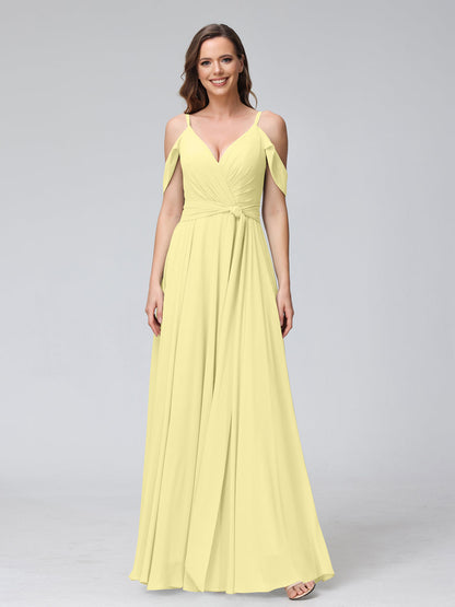 Vestidos de Dama de Honra Em Chiffon com Mangas Curtas e Decote Em V com Alças Finas e Laterais Divididas