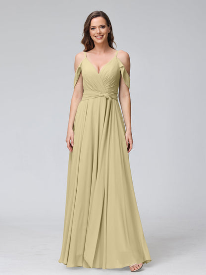 Vestidos de Dama de Honra Em Chiffon com Mangas Curtas e Decote Em V com Alças Finas e Laterais Divididas