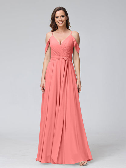 Vestidos de Dama de Honra Em Chiffon com Mangas Curtas e Decote Em V com Alças Finas e Laterais Divididas