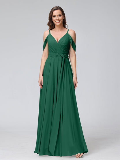 Vestidos de Dama de Honra Em Chiffon com Mangas Curtas e Decote Em V com Alças Finas e Laterais Divididas