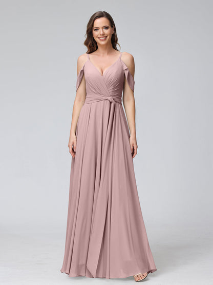 Vestidos de Dama de Honra Em Chiffon com Mangas Curtas e Decote Em V com Alças Finas e Laterais Divididas